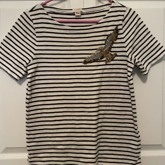 J. Crew black and beige short sleeved t-shirt with jeweled bird applique… - Picture 8 of 9